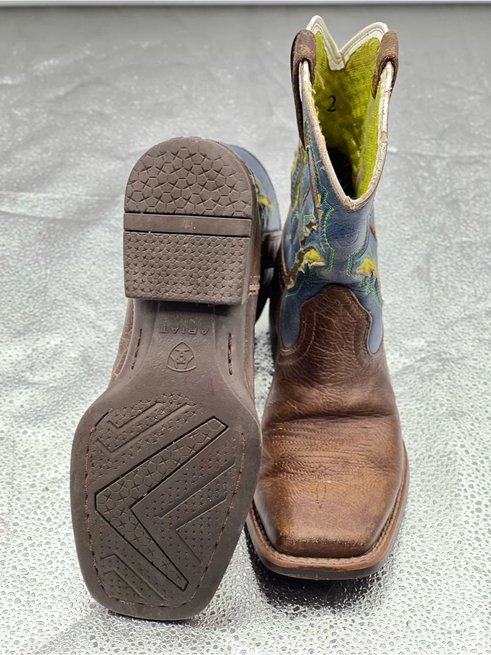 352 Ariat Brown Leather Kids Cowboy Boots with Blue & Yellow Embroidery